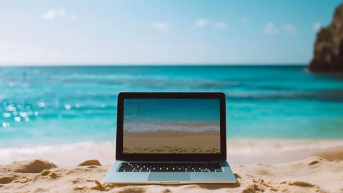 Laptop on sunlit beach blending work with calm ocean views.