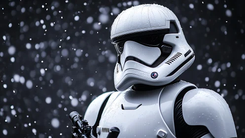 Armored sci fi trooper stands in falling winter snow.