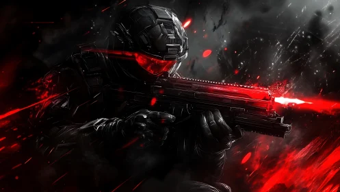 Fierce sci fi soldier steadies a blazing red energy rifle