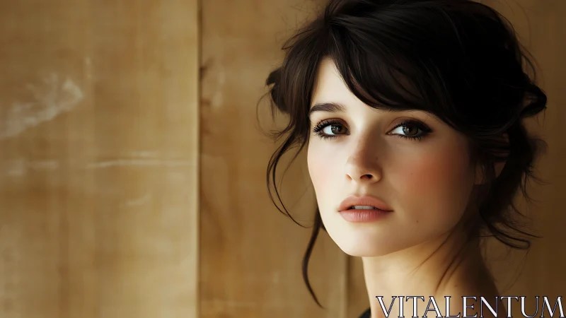 Photorealistic close-up portrait of young woman indoors.