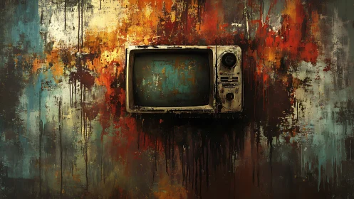 Degraded CRT monitor embedded in cascading pigment strata.