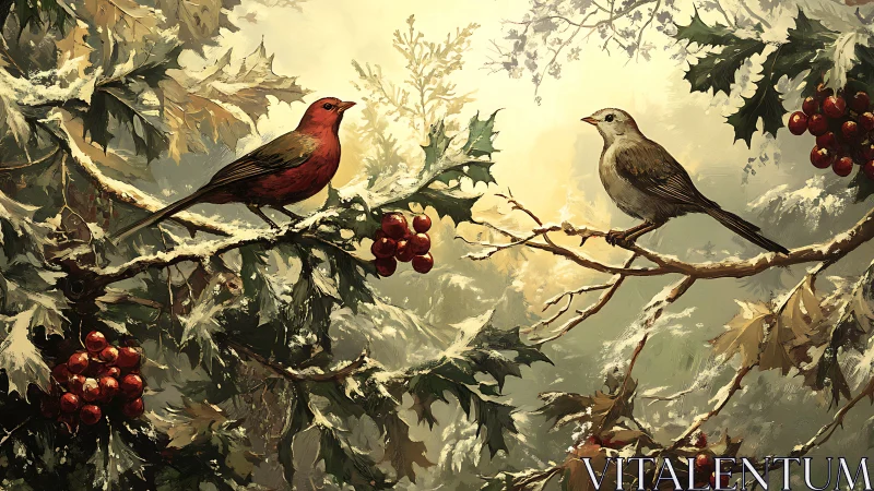 Winter songbirds rest on snowlit holly branches. Period.