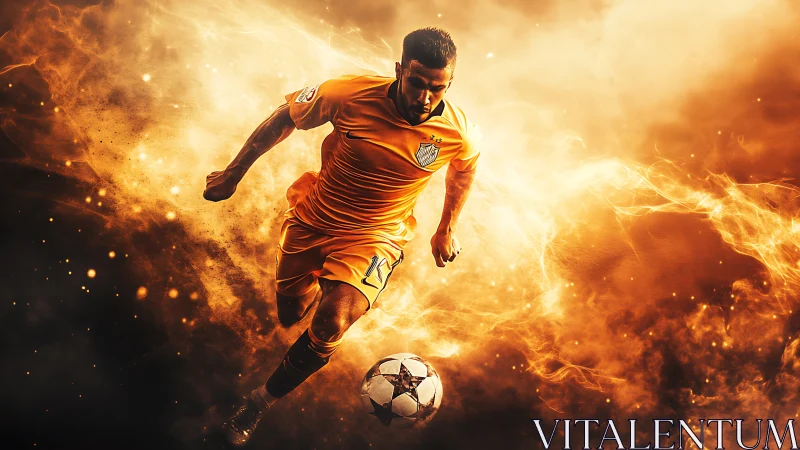Blazing soccer runner racing through swirling golden fire.