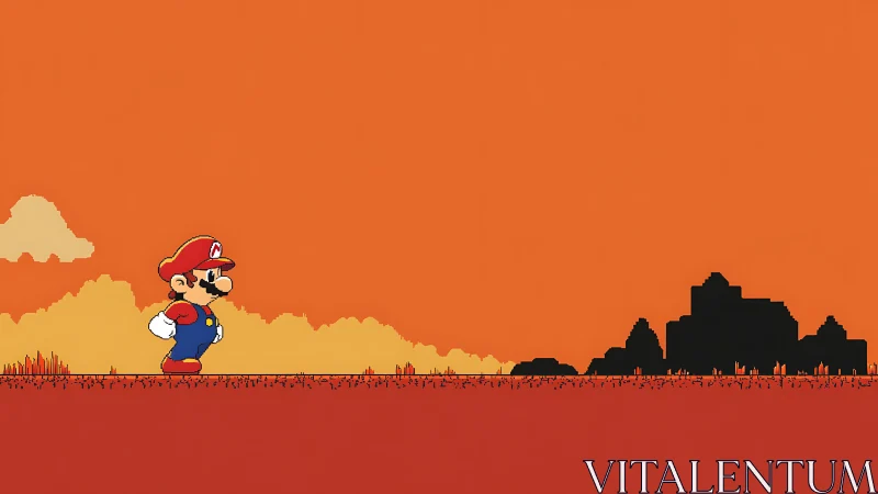 Side-scrolling pixel hero crosses minimal sunset landscape