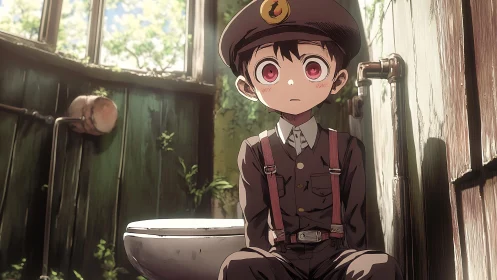 Quiet-eyed boy studies sunlight in a crumbling bathroom