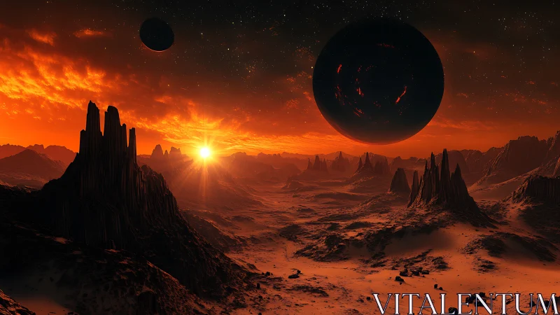 Binary moons over crimson desert exoplanet at fiery sunset
