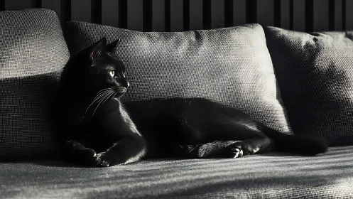Feline Silhouette: Moody Cat in Monochromatic Repose.