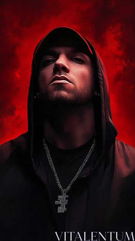 Digital painting portrait with hooded figure on red field.