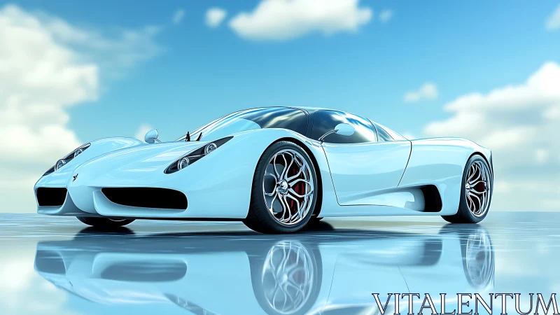 White supercar render on reflective surface under sky.