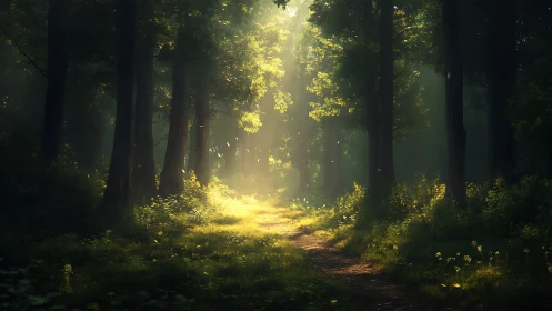 Sunlit forest path with lush greenery in dreamy morning light.