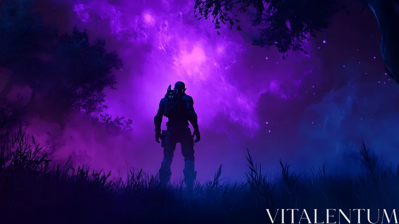 Lone voidwalker gazes into a storm of violet cosmic mist.