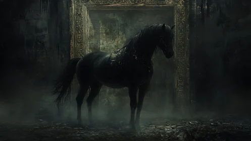 Midnight horse waits softly before a fading golden doorway