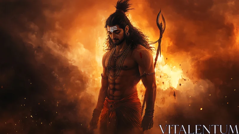 Mythic warrior stands amid blazing orange storm clouds.