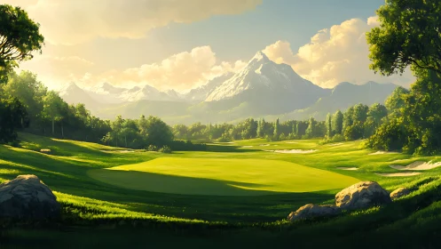 Golf fairway extends toward snowcapped mountain range