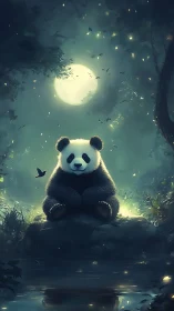 Moonlit bioluminescent forest panda beside reflective stream