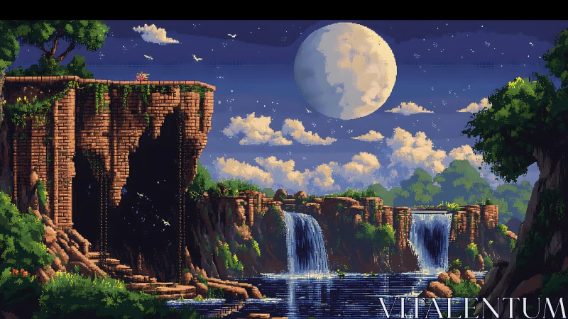 Pixel art canyon waterfalls under a large full moon.