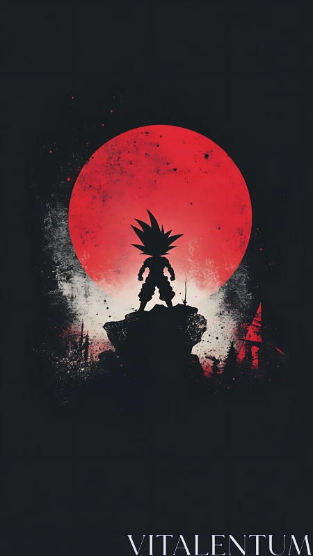 Silhouetted figure stands before a large red circular backdrop