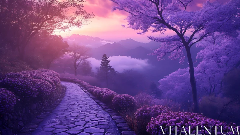 Twilight flower path winding through dreamy violet hills.