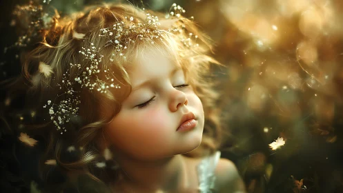 Child portrait with floral arrangement and bokeh lighting effects