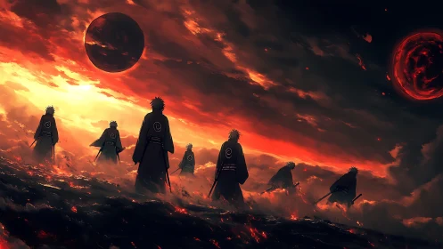 Warrior silhouettes crossing volcanic clouds at blood-red eclipse.