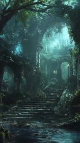 Overgrown stone stairway ascends through ruined arboreal hall