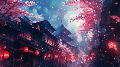 Cherry blossom lantern street framing distant temple tower.