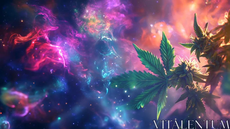 Galactic cannabis leaves drifting through neon cosmic haze.