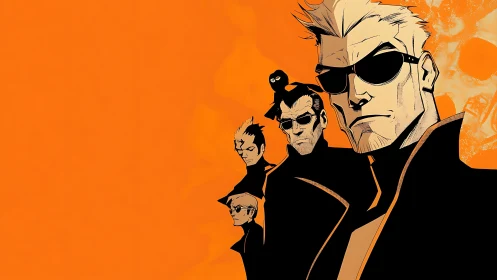 Vector-stylized agents in sequential scale on orange field.