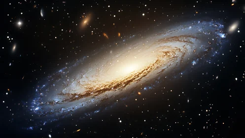 Spiral galaxy panorama in deep space, photorealistic rendering.