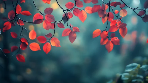 Vivid red autumn leaves on delicate branches in dreamy, soft-focus style.