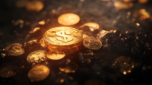 Stacked gold dollar coins on dark textured ground surface.