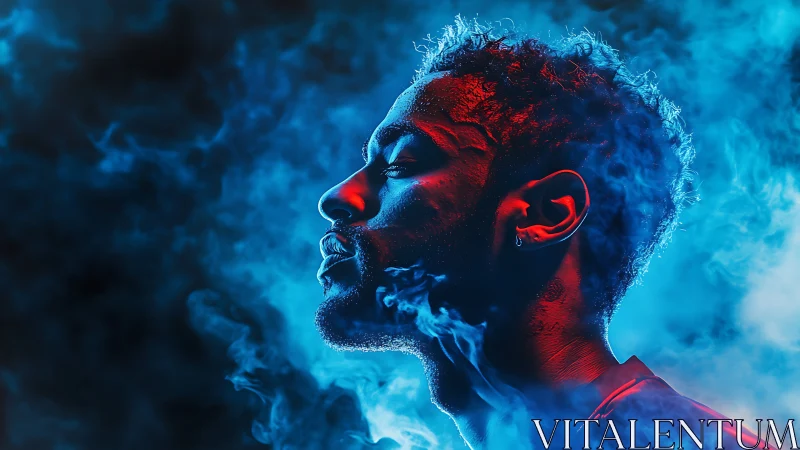 Side profile portrait glows under neon red blue haze.