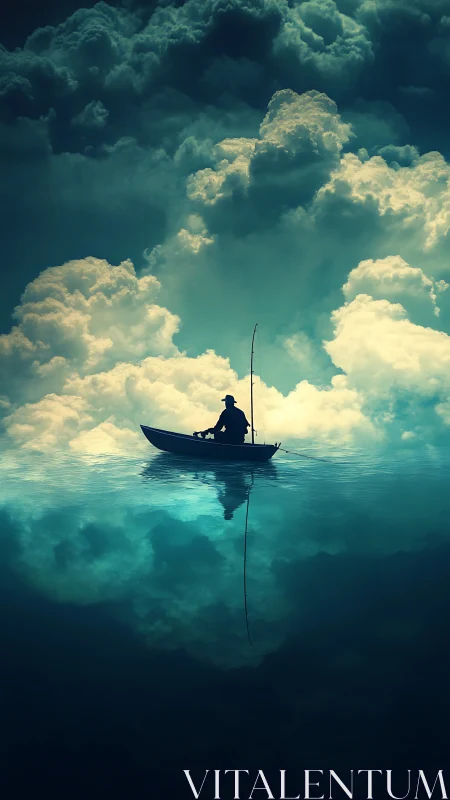 Solitary silhouetted angler on mirrorlike cloud-reflecting water