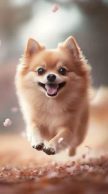 Joyful fluffy dog dashes through drifting spring petals.
