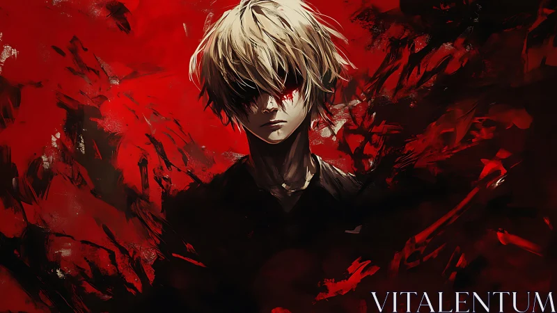 Bloodlit anime antihero stands amid chaotic crimson storm.