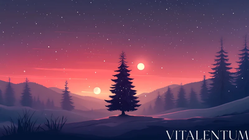 Dual-sun winter landscape with silhouetted pines and layered depth