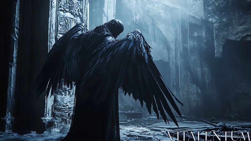 Dark winged entity hovers in decayed cathedral with volumetric light
