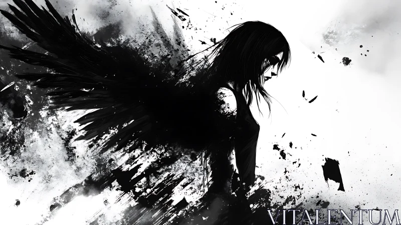 Silhouetted figure with abstract black wing elements