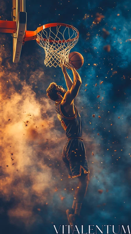 Dynamic basketball dunk in cinematic smoke and light.