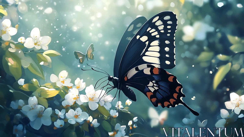 Black butterfly on white blossoms in soft spring light.