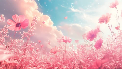 Luminescent Pink Cosmos Field: Atmospheric Digital Floral Composition.
