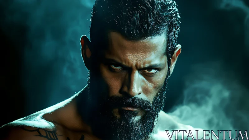 Intense bearded warrior framed by moody teal shadows.