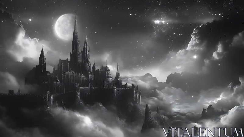 Moonlit gothic citadel rises through silver storm clouds.