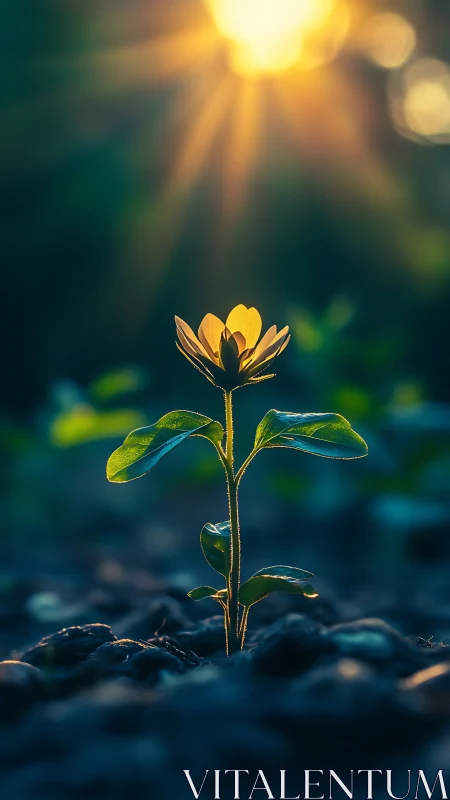 Sunlit seedling emerging from soil under warm sunset light.