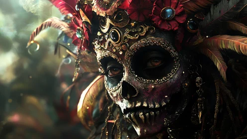 Ornate skeletal carnival mask glows with jeweled finery.