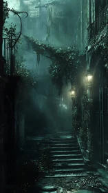 Narrow stone stairway extends through rain in overgrown alley