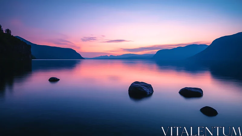 Serene mountain lake reflects pink and blue twilight glow.