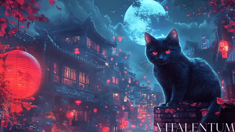 Black Cat with Crimson Eyes in Neon-Lit Asian Cyberpunk Cityscape.