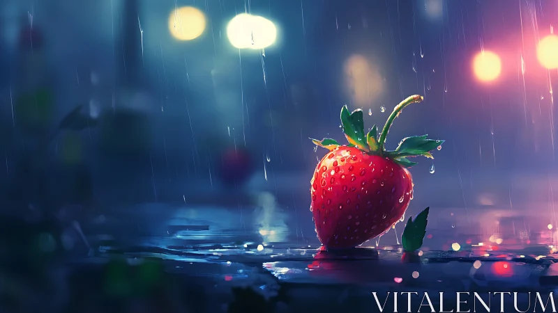 Lone strawberry gleams on wet city street under neon rain