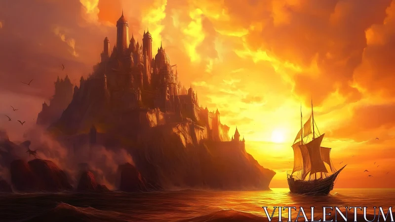 Golden sunset welcomes a tall ship to a radiant cliff castle